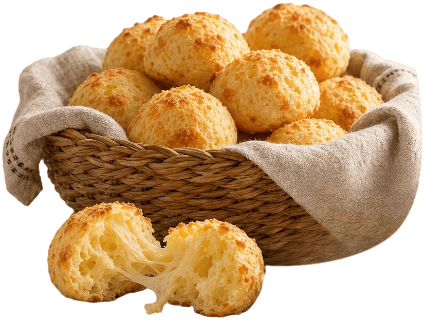 Uma cesta de pães de queijo quentes, com um pão aberto na frente e o queijo esticando.