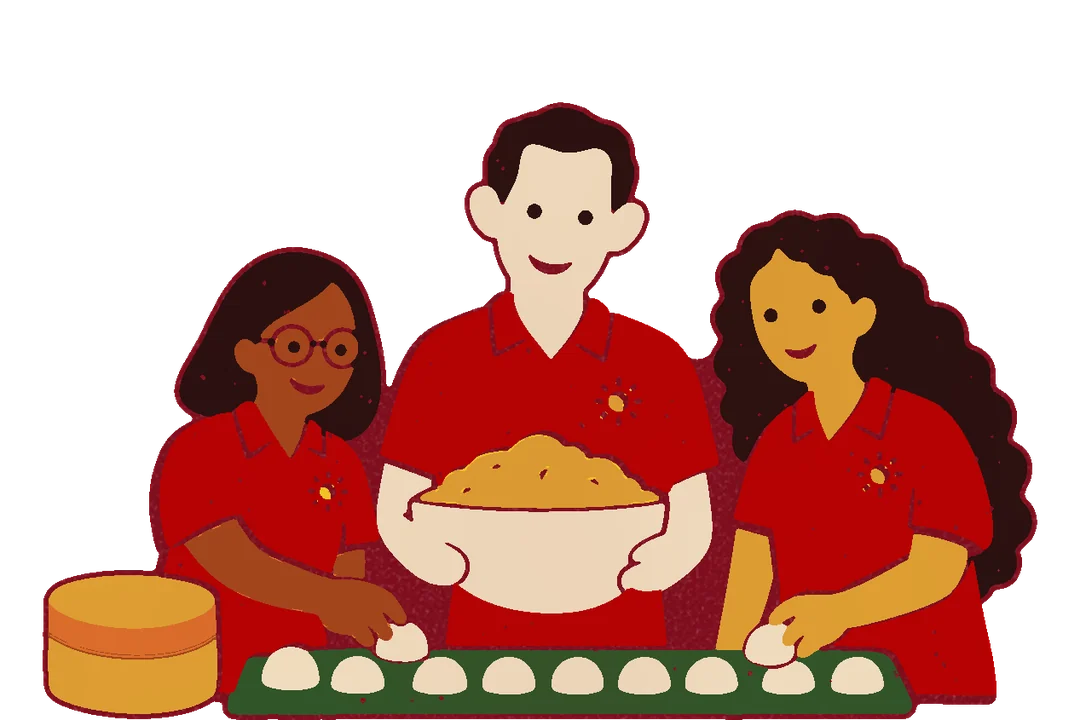 A Brunelle, o Carlos e a Bruna, de camisa polo vermelha: o Carlos segura a tigela de massa e as duas enchem a assadeira de pão de queijo, ao lado de um queijo canastra.