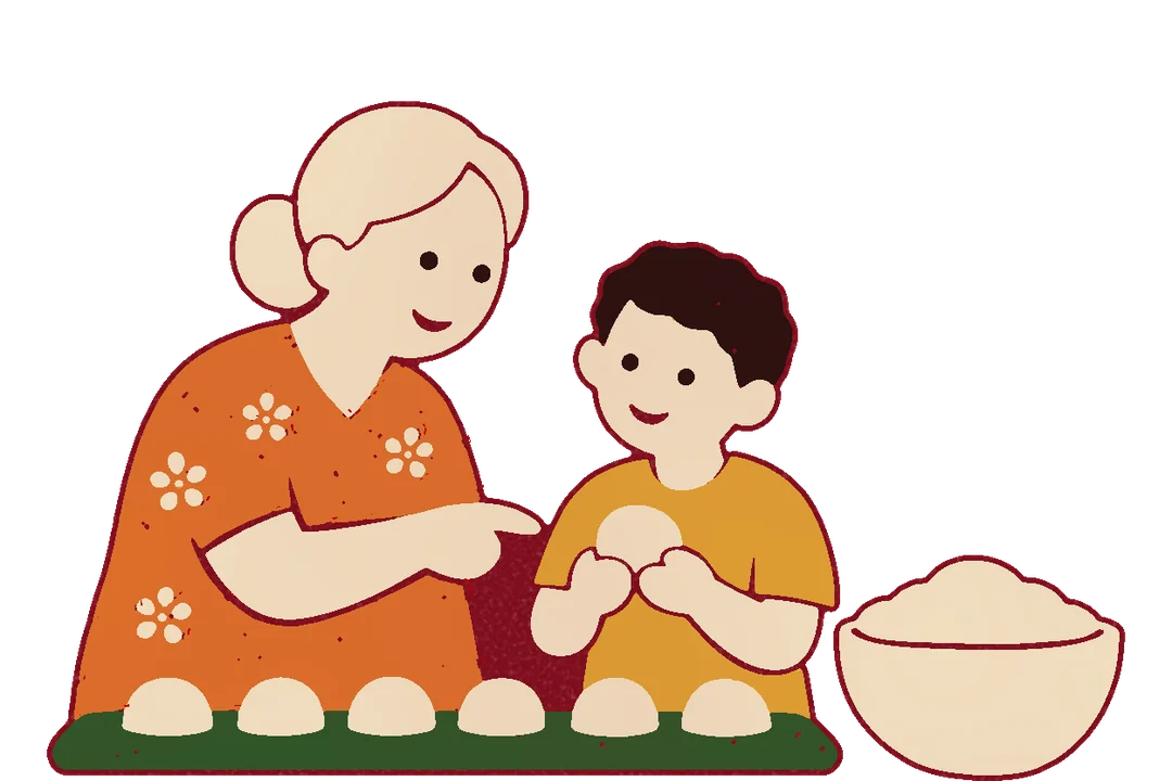 A Dona Célia, de cabelos brancos, ensinando o filho Carlos, ainda menino, a enrolar o pão de queijo.